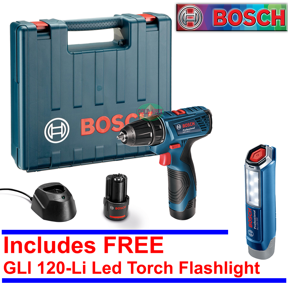 Bosch GSR 120-LI Cordless Drill / Driver + GLI 120 Cordless Led Flashlight - goldapextools
